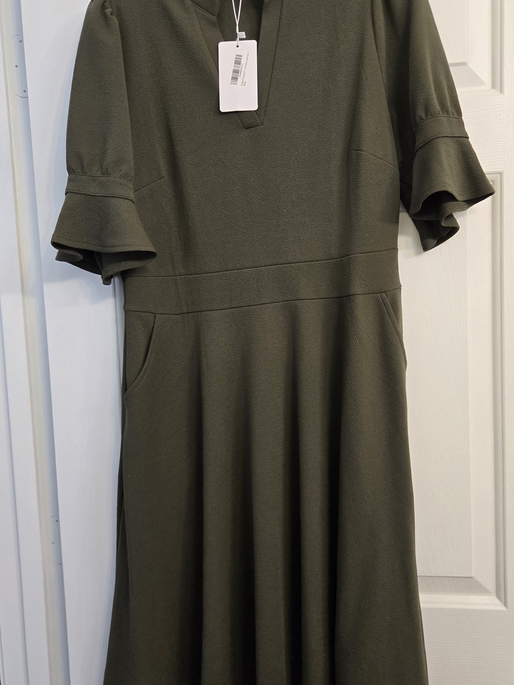 Women's Olive Green Midi Fit-and-Flare Dress with Ruffle Sleeves